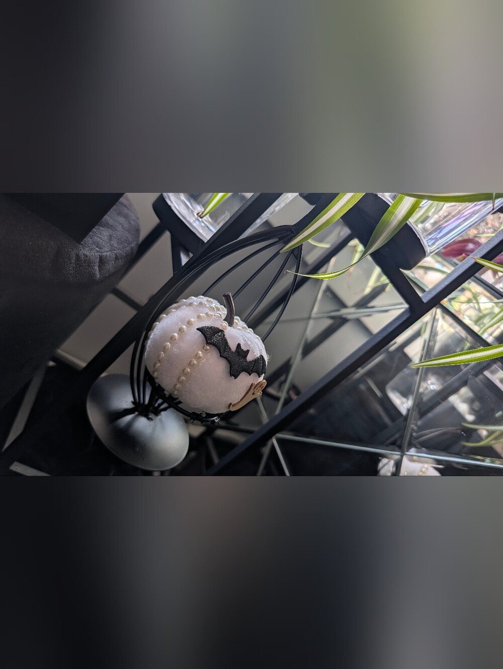Velour Pearl Pumpkin in Hanging Metal Cage